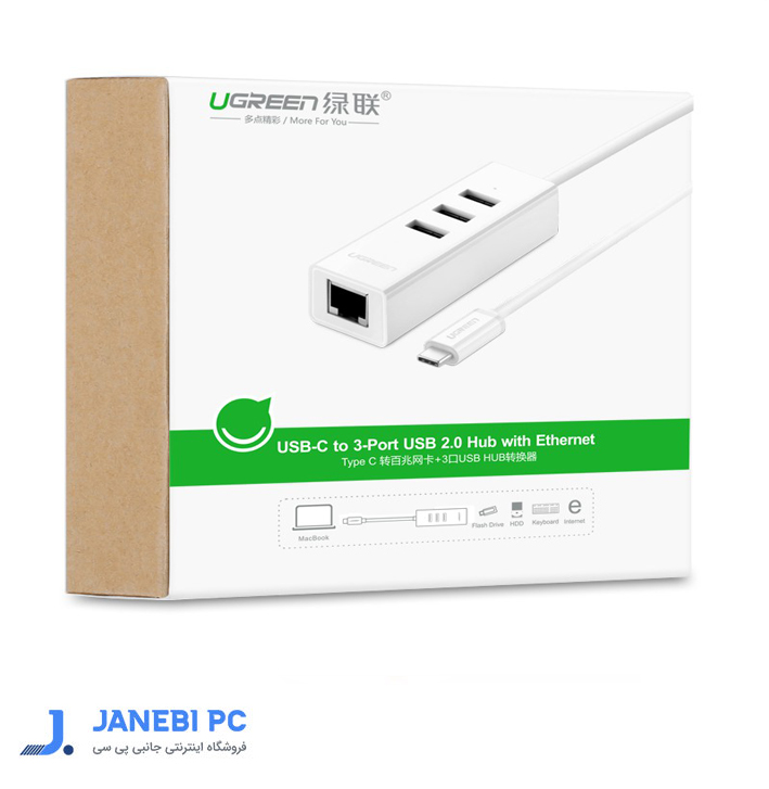 هاب 4 پورت Type C به USB 2.0 با پورت LAN یوگرین UGREEN 20792